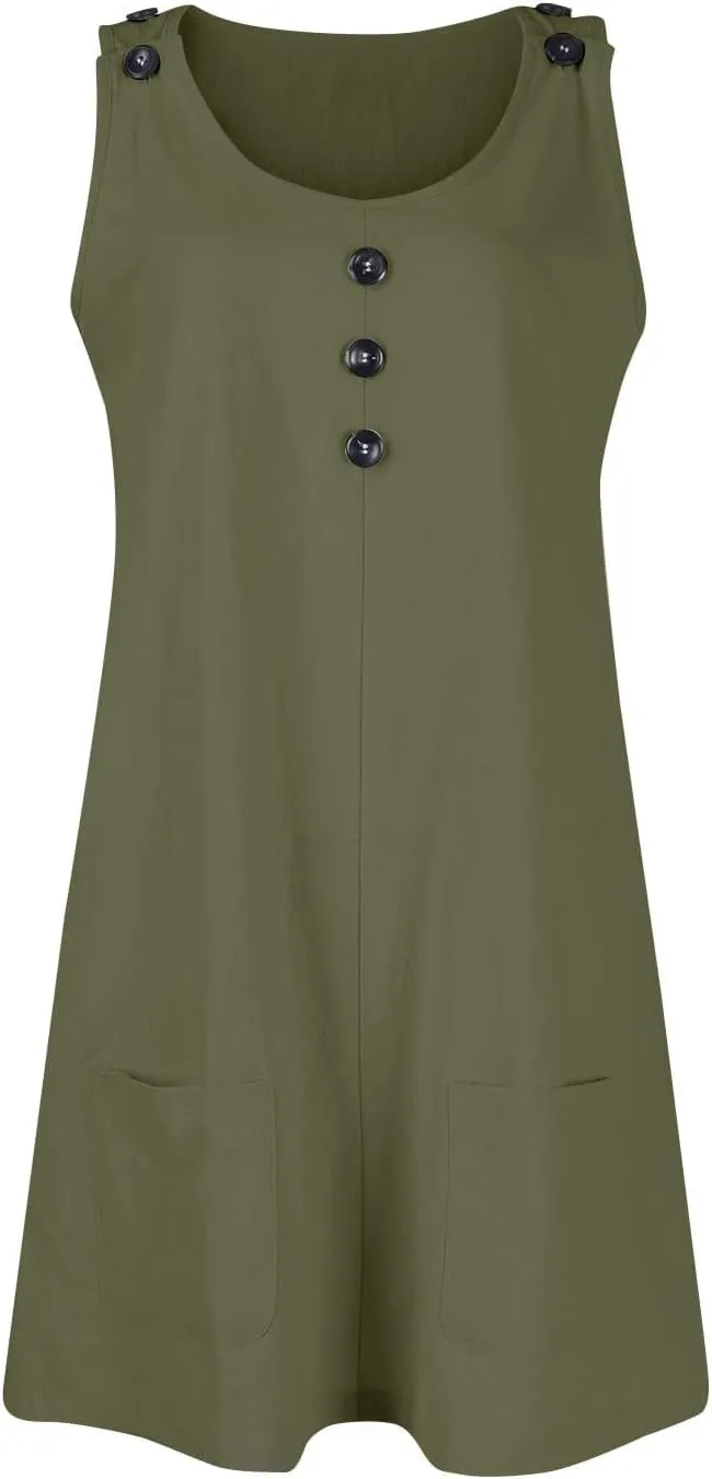 U Neck Dress for Women Open Back Mini Babydoll Sundress Vacation Casual Sleeveless Short Dresses with Pockets