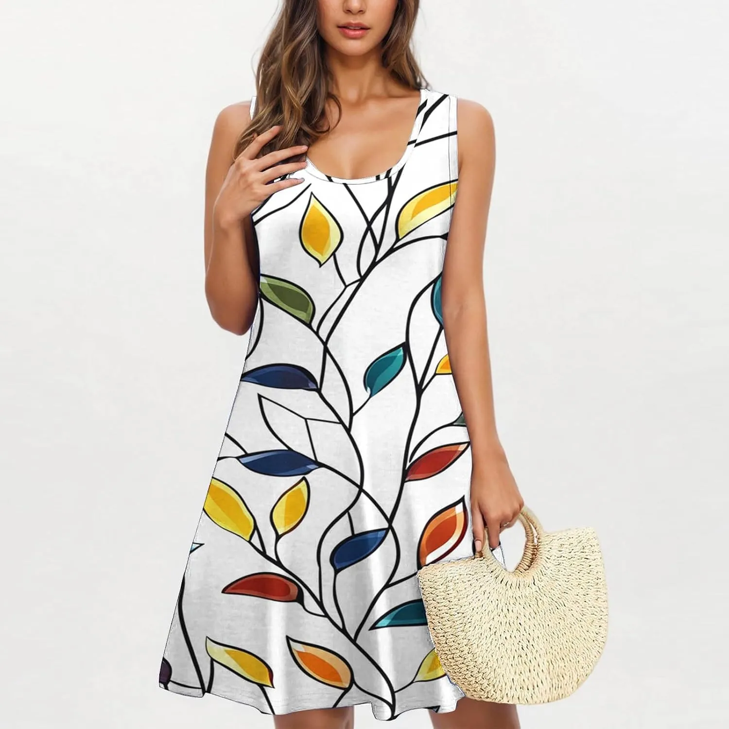 Vacation Dresses for Women 2025 A-Line Summer Beach Retro Mini Tank Dresses Sleeveless Loose Coverup Sundress