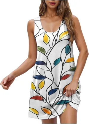 Vacation Dresses for Women 2025 A-Line Summer Beach Retro Mini Tank Dresses Sleeveless Loose Coverup Sundress