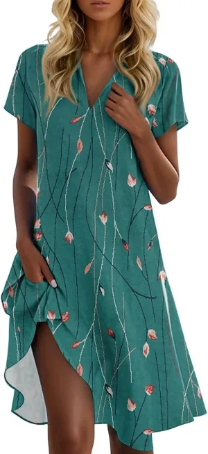 Vacation Outfits for Women 2025 Floral Print V Neck Short Sleeve Loose Swing Shift Dresses,S-2XL
