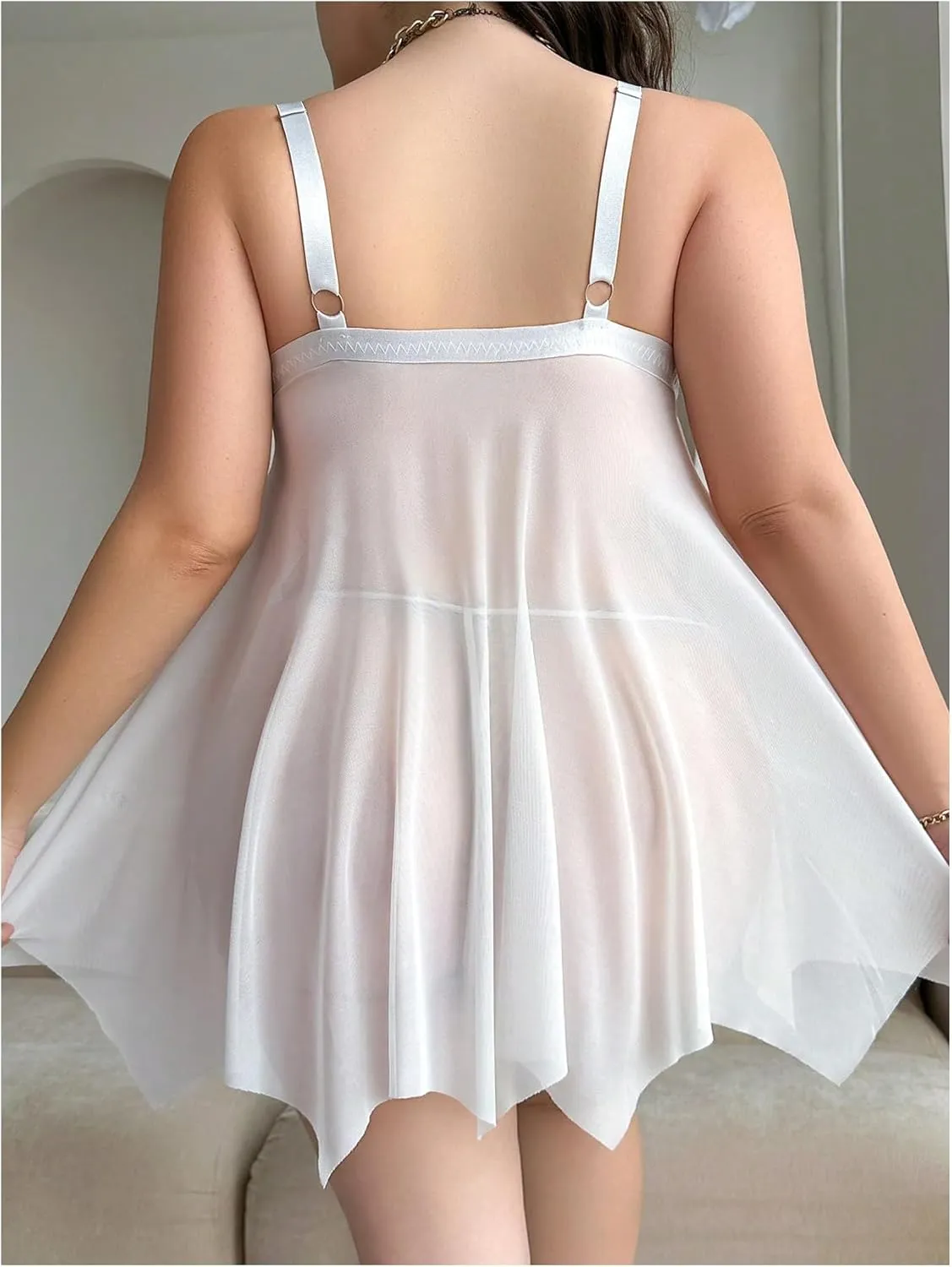 Verdusa Women's Plus Size 2 Piece Sheer Lingerie Set Deep V Neck Bowknot Sleepwear Chemise with Thong