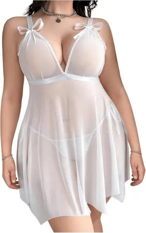 Verdusa Women's Plus Size 2 Piece Sheer Lingerie Set Deep V Neck Bowknot Sleepwear Chemise with Thong