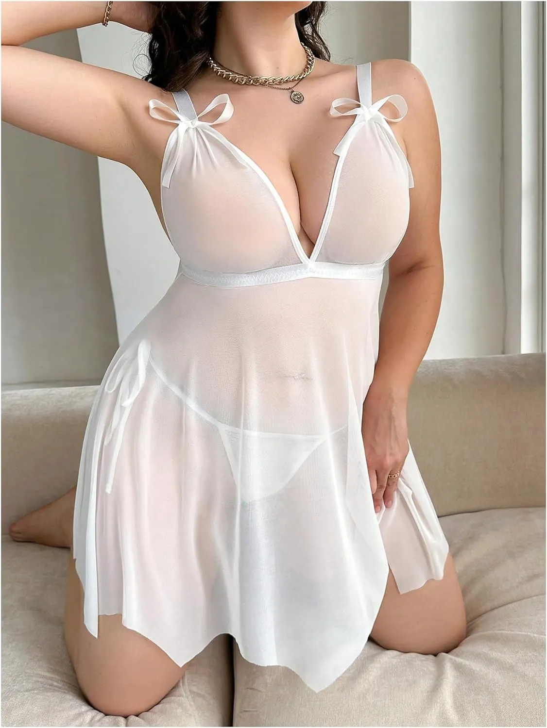 Verdusa Women's Plus Size 2 Piece Sheer Lingerie Set Deep V Neck Bowknot Sleepwear Chemise with Thong