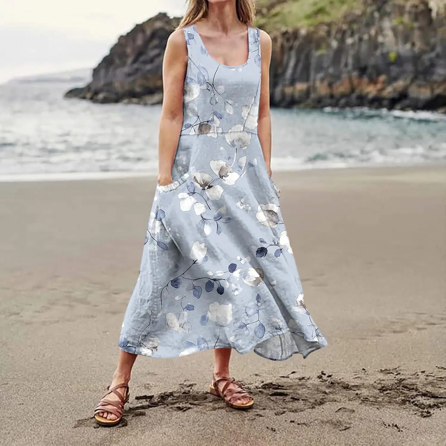 Vestidos De Verano para Mujer 2025 Women's Resort Wear Crew Neck Floral Travel Tunic Flowy Midi Sundress with Pocket, S-2Xl