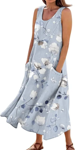 Vestidos De Verano para Mujer 2025 Women's Resort Wear Crew Neck Floral Travel Tunic Flowy Midi Sundress with Pocket, S-2Xl