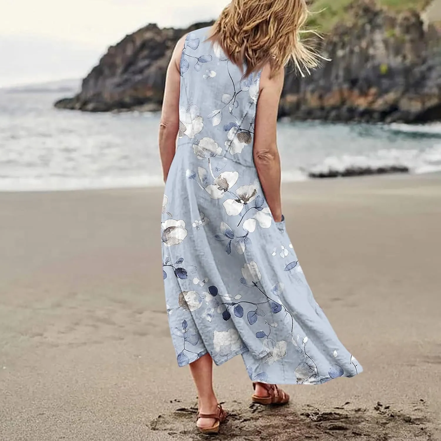 Vestidos De Verano para Mujer 2025 Women's Resort Wear Crew Neck Floral Travel Tunic Flowy Midi Sundress with Pocket, S-2Xl