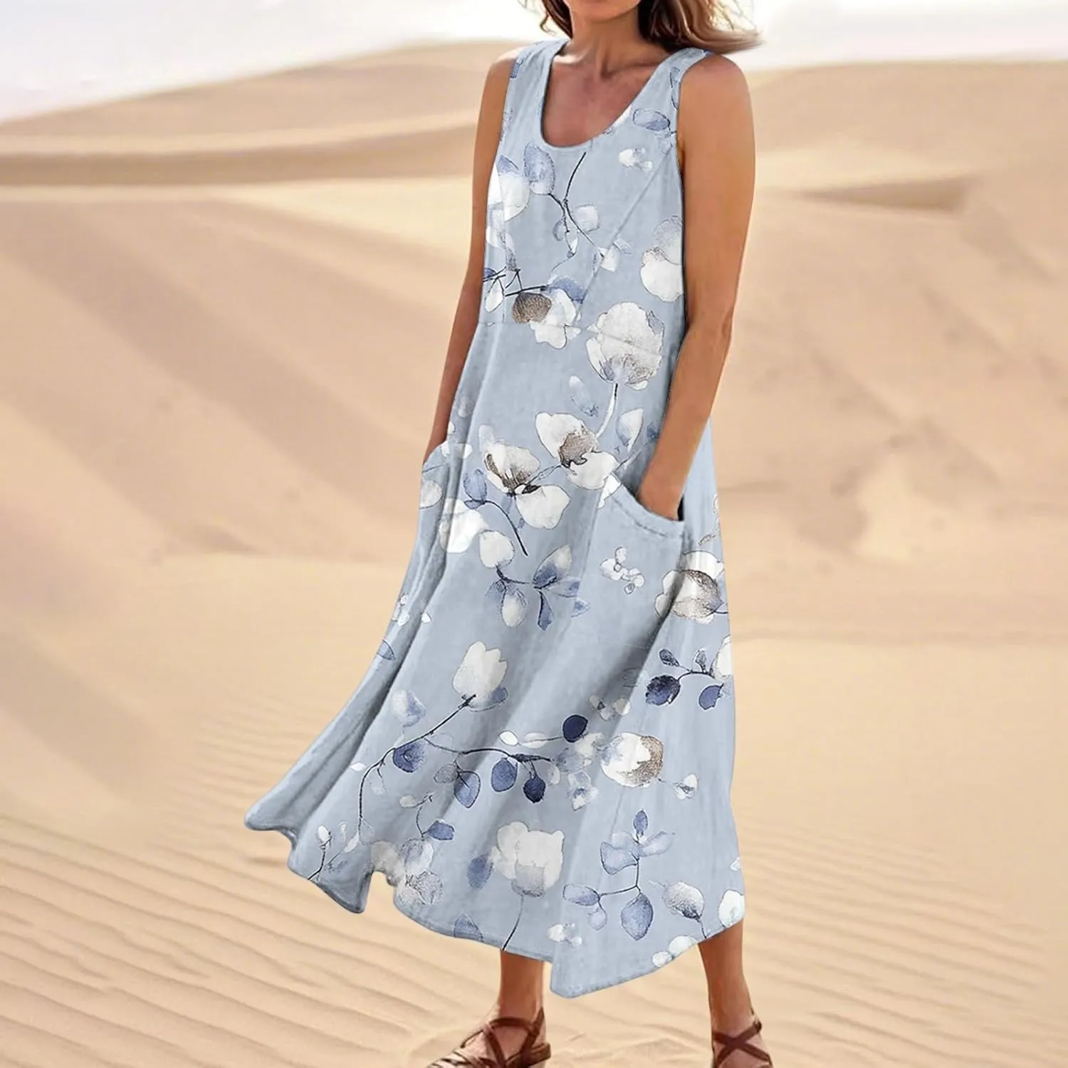 Vestidos De Verano para Mujer 2025 Women's Resort Wear Crew Neck Floral Travel Tunic Flowy Midi Sundress with Pocket, S-2Xl