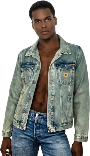 Vintage Acid-Wash Denim Jacket, Regular Trucker Fit, Green with Brown Leather Band, Handmade in Colombia