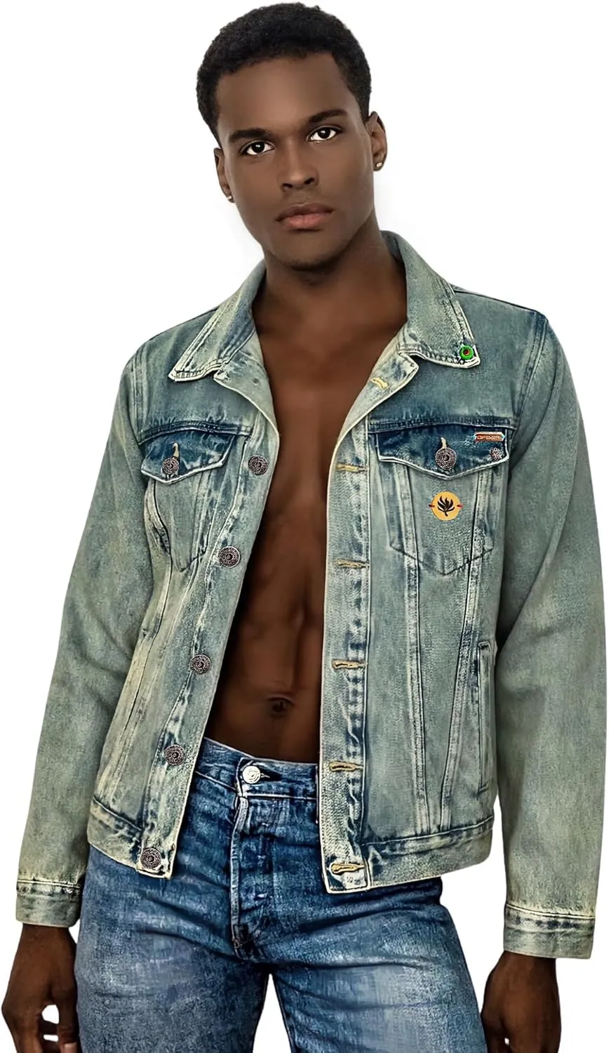 Vintage Acid-Wash Denim Jacket, Regular Trucker Fit, Green with Brown Leather Band, Handmade in Colombia