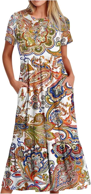 Vintage Dress for Women Casual Short Sleeve Floral Print Sundress Summer Fashion Retro Maxi Dress with Pocket