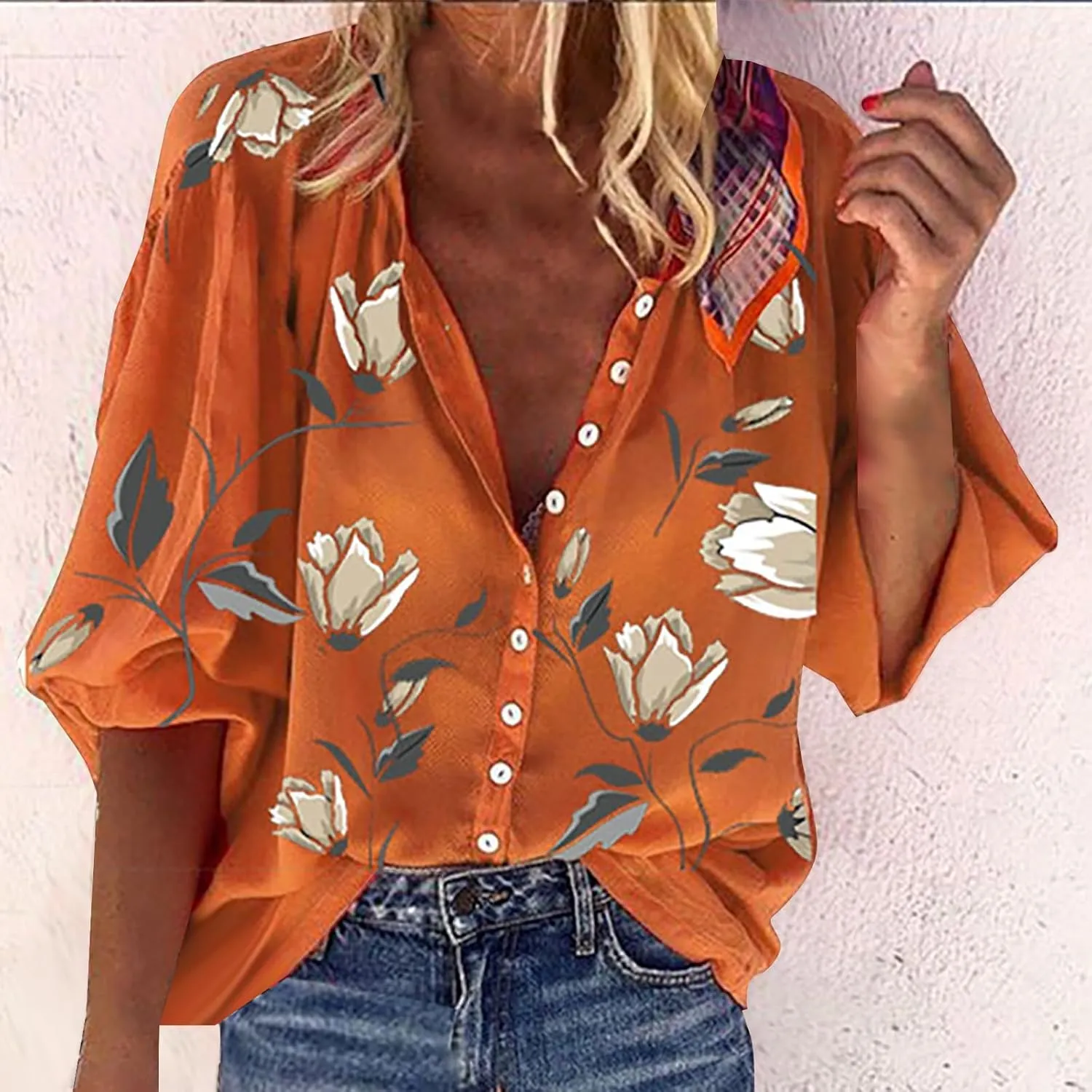 Vintage Floral Print Button Down Shirts Women 3/4 Lantern Sleeve Stand Collar Work Blouses Summer Loose Fit Vacation Tops