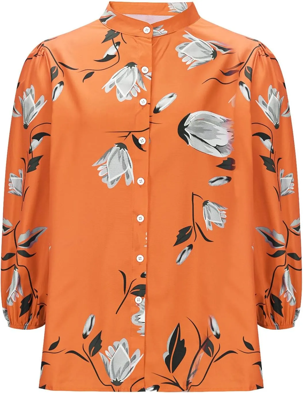 Vintage Floral Print Button Down Shirts Women 3/4 Lantern Sleeve Stand Collar Work Blouses Summer Loose Fit Vacation Tops