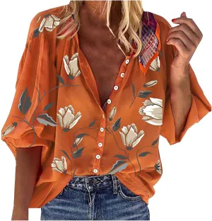 Vintage Floral Print Button Down Shirts Women 3/4 Lantern Sleeve Stand Collar Work Blouses Summer Loose Fit Vacation Tops