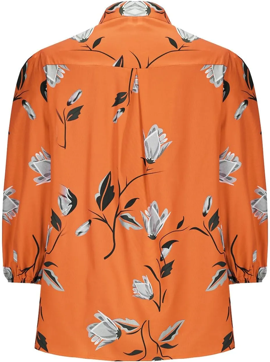 Vintage Floral Print Button Down Shirts Women 3/4 Lantern Sleeve Stand Collar Work Blouses Summer Loose Fit Vacation Tops