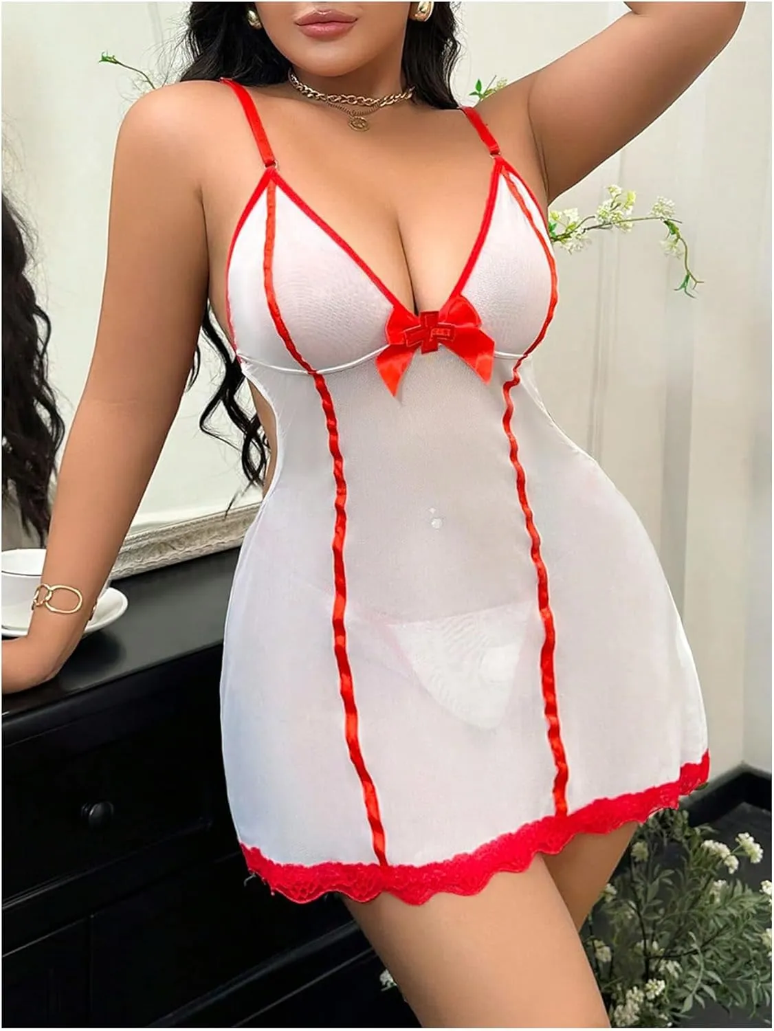 WDIRARA Women's Plus Size 3 Piece Nurse Roleplay Lingerie Set Mesh Sheer Naughty Cosplay Costume