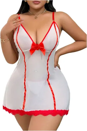 WDIRARA Women's Plus Size 3 Piece Nurse Roleplay Lingerie Set Mesh Sheer Naughty Cosplay Costume
