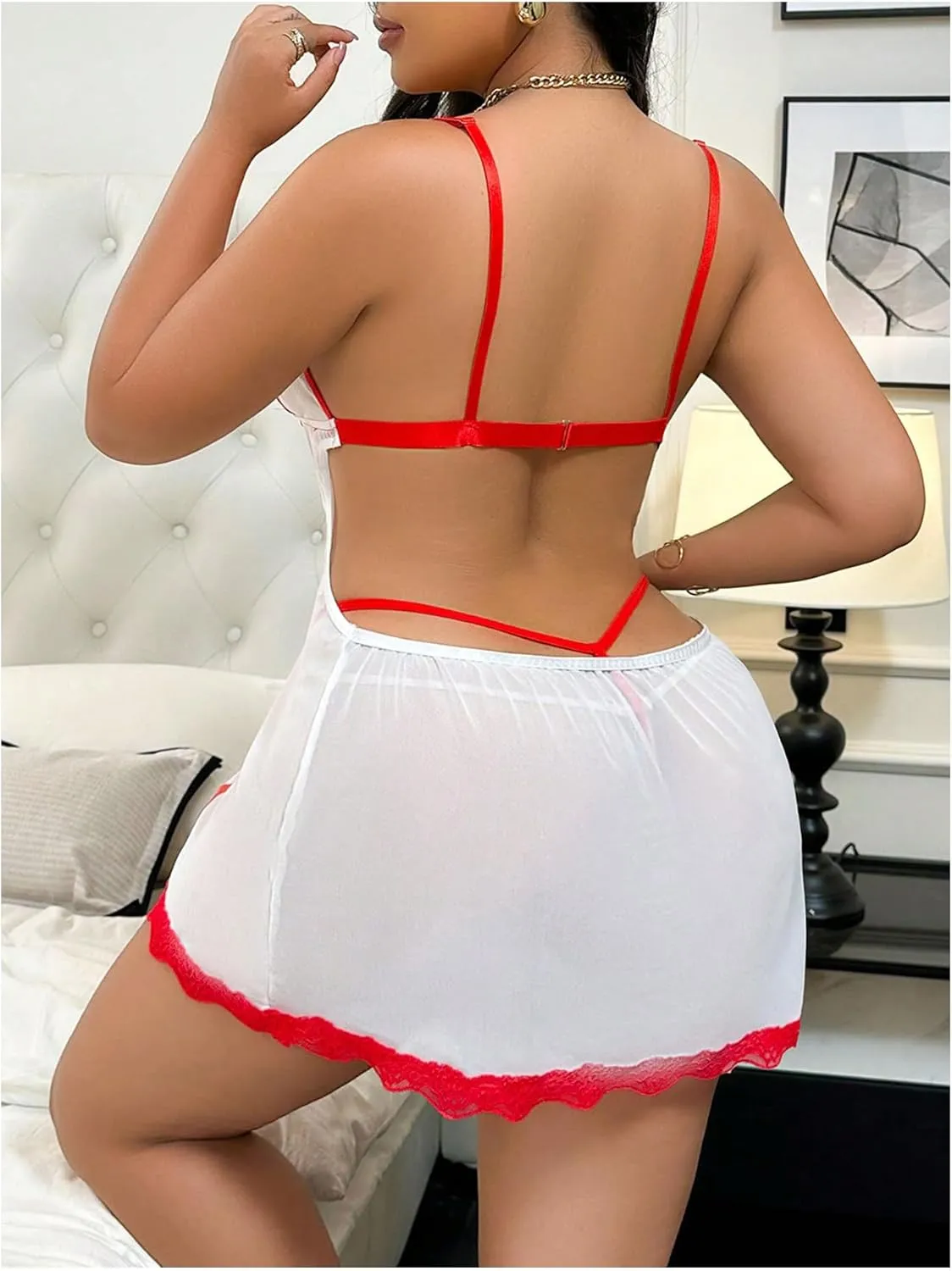 WDIRARA Women's Plus Size 3 Piece Nurse Roleplay Lingerie Set Mesh Sheer Naughty Cosplay Costume