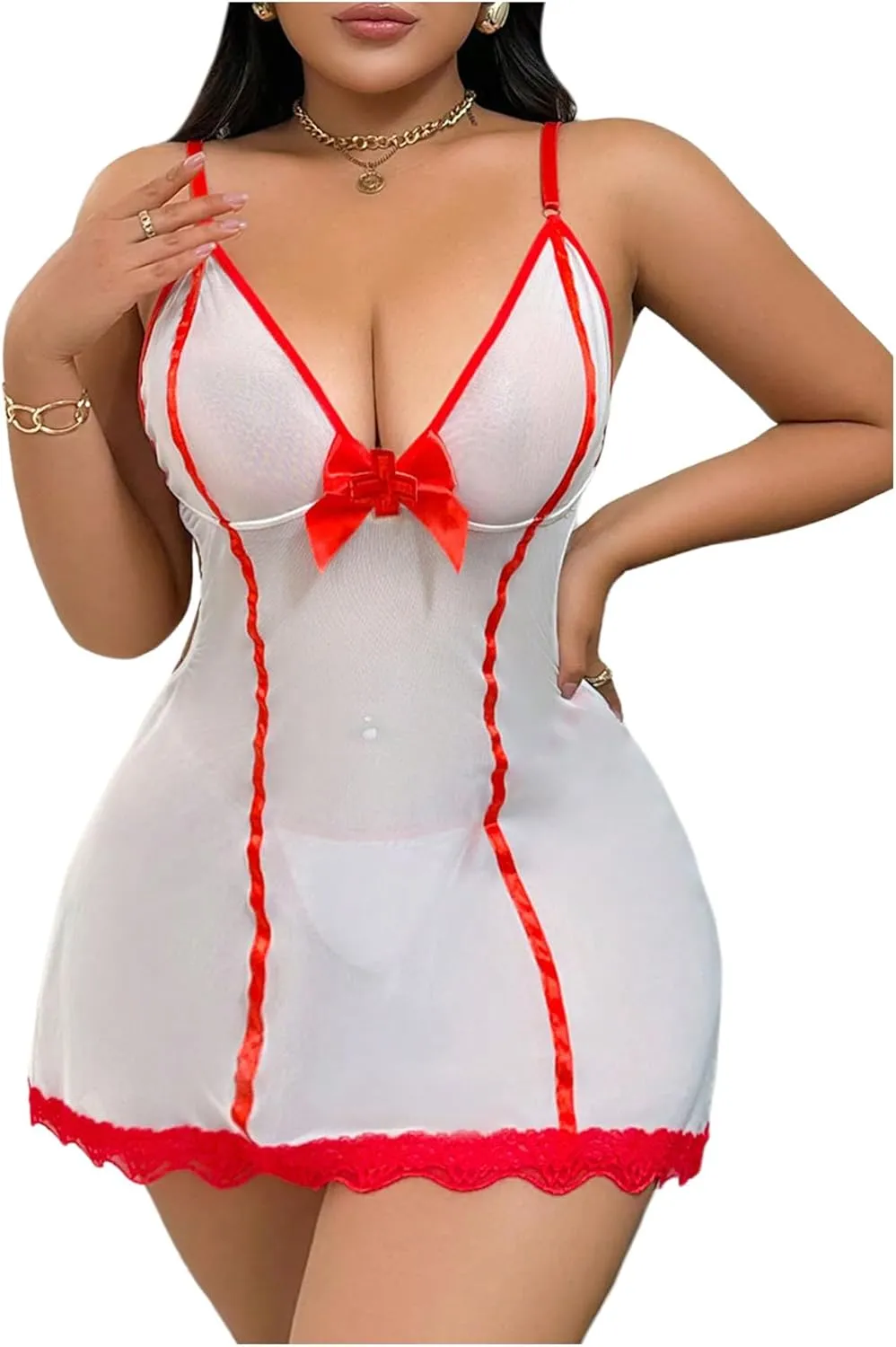 WDIRARA Women's Plus Size 3 Piece Nurse Roleplay Lingerie Set Mesh Sheer Naughty Cosplay Costume