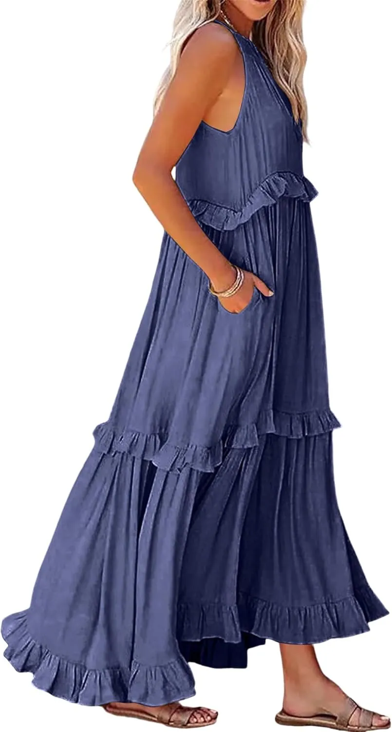 Wedding Guest Dress for Women Sleeveless Tank Tops Maxi Dress Ruffle Tiered Fashion Dresses Casual Layered Dresses