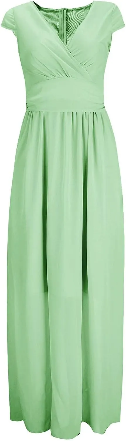 Wedding Guest Dresses for Women Chiffon Cap Sleeve V Neck Maxi Length Evening Ball Gowns Flowy Bridesmaid Dresses