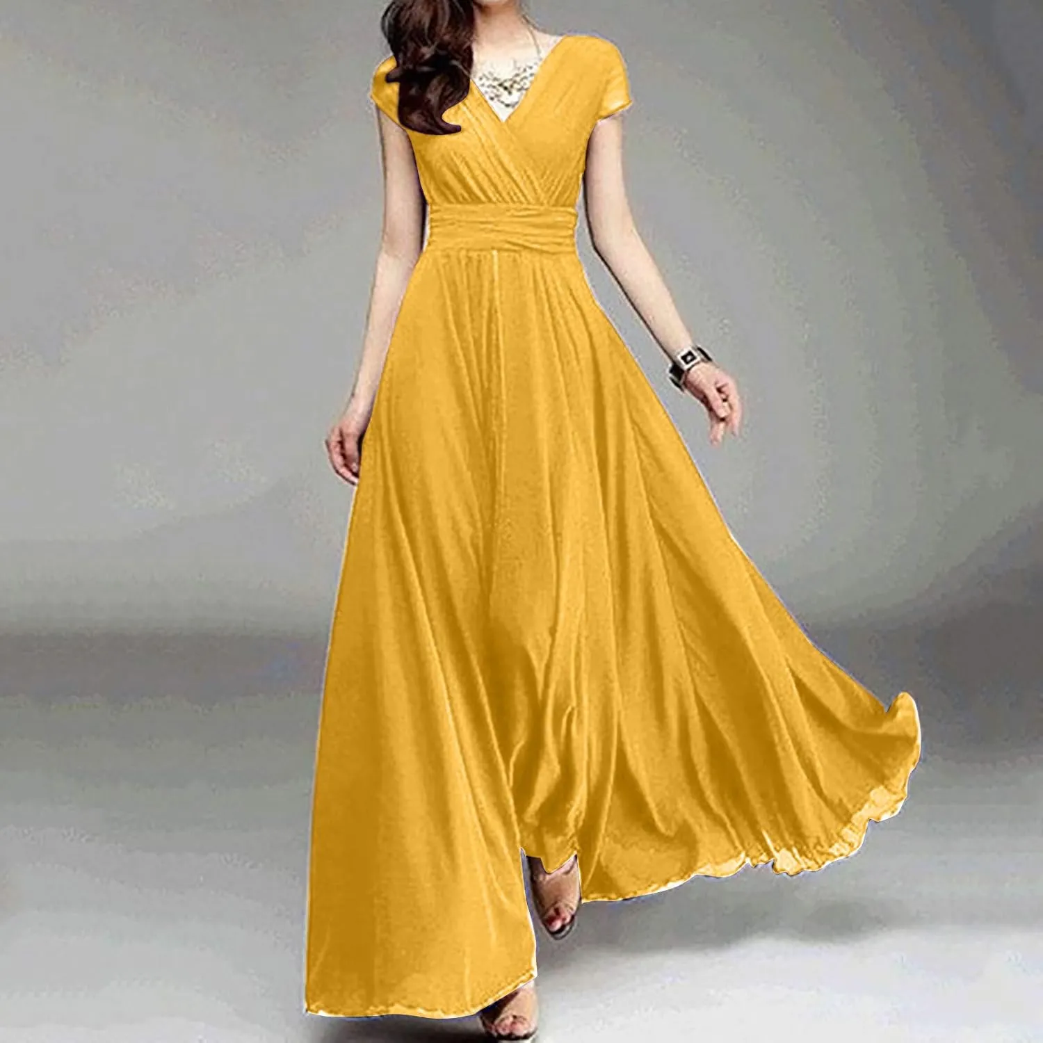 Wedding Guest Dresses for Women Chiffon Cap Sleeve V Neck Maxi Length Evening Ball Gowns Flowy Bridesmaid Dresses