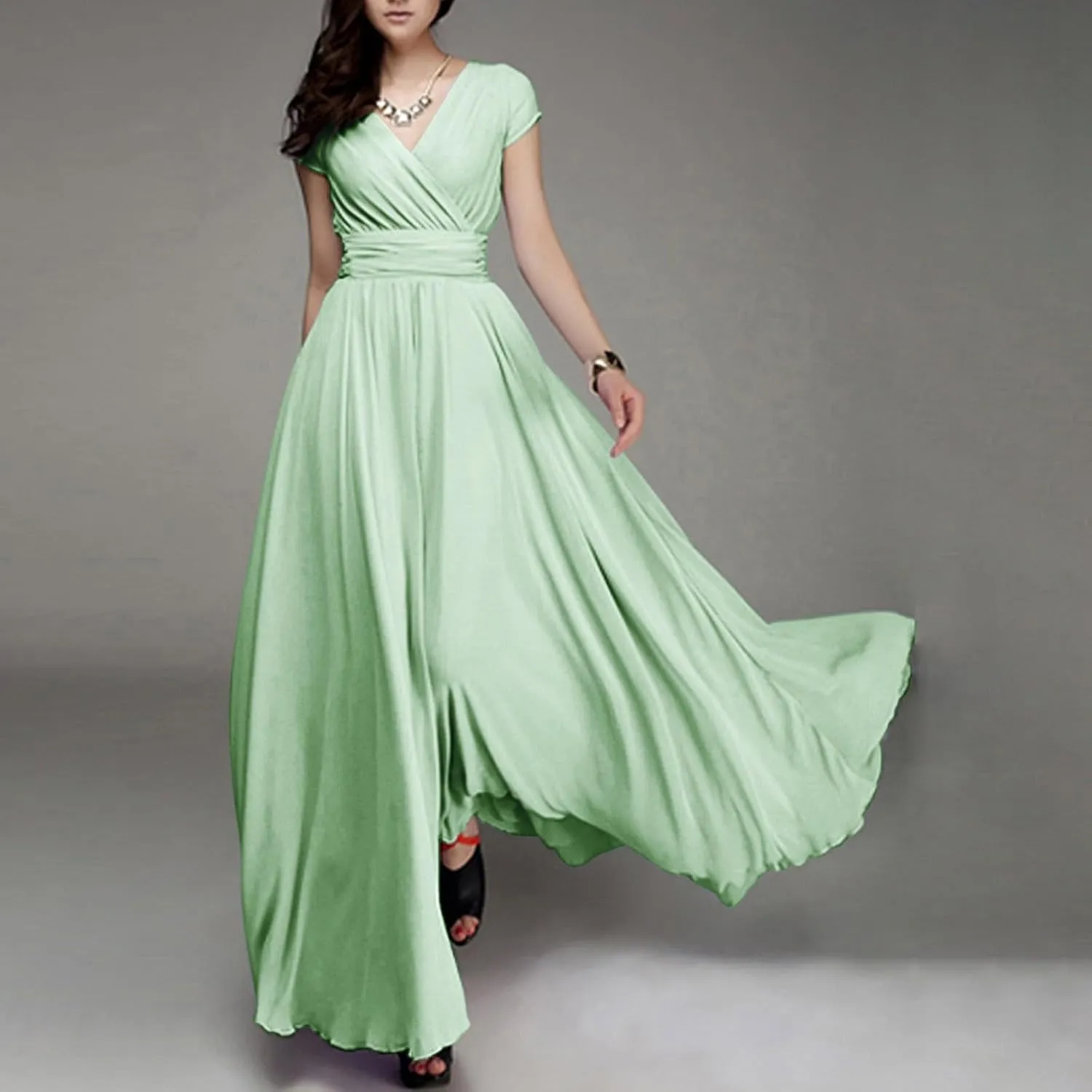 Wedding Guest Dresses for Women Chiffon Cap Sleeve V Neck Maxi Length Evening Ball Gowns Flowy Bridesmaid Dresses