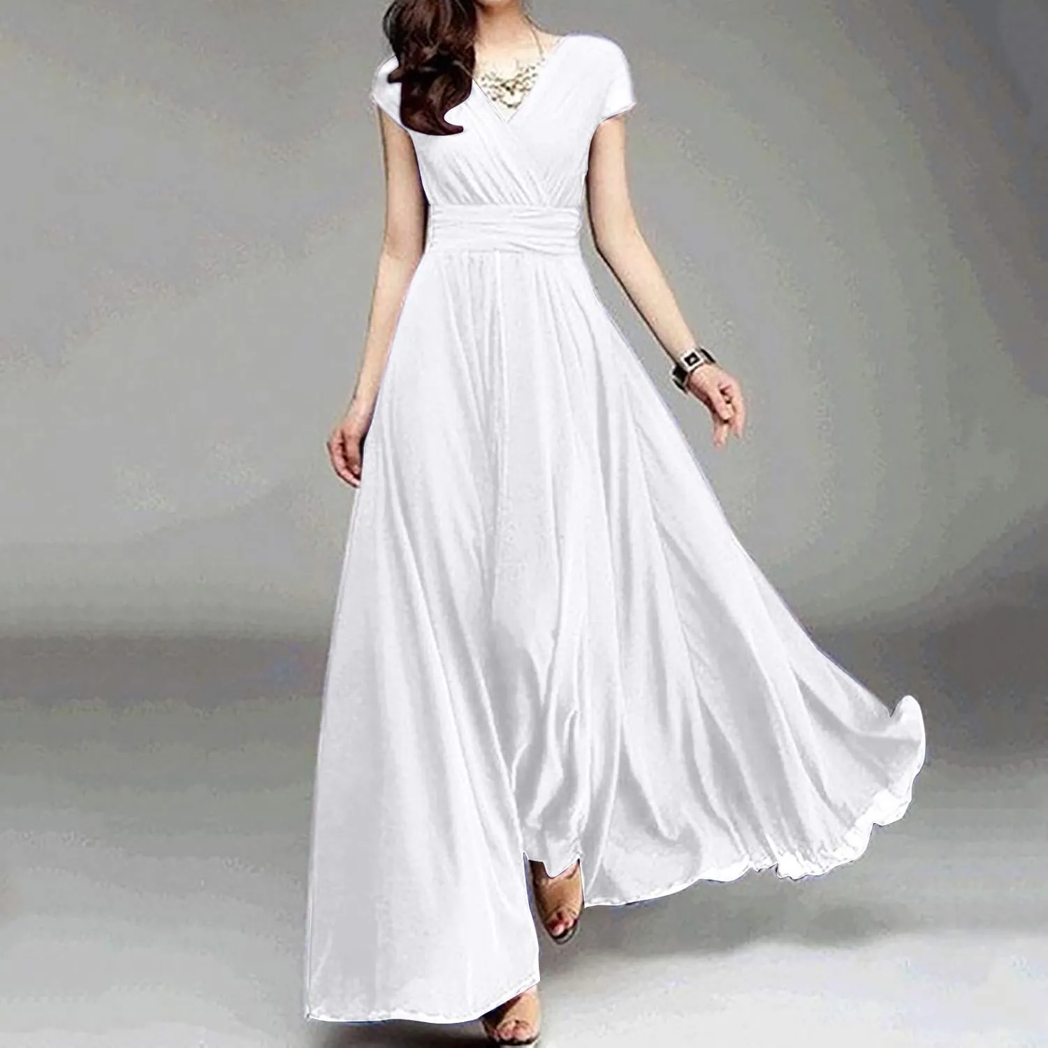 Wedding Guest Dresses for Women Chiffon Cap Sleeve V Neck Maxi Length Evening Ball Gowns Flowy Bridesmaid Dresses