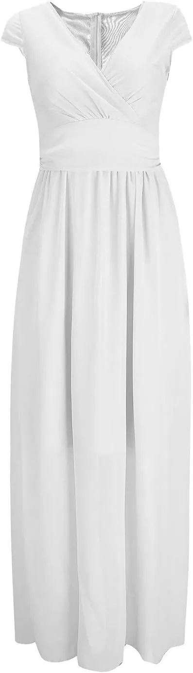 Wedding Guest Dresses for Women Chiffon Cap Sleeve V Neck Maxi Length Evening Ball Gowns Flowy Bridesmaid Dresses