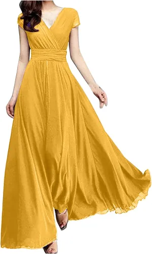 Wedding Guest Dresses for Women Chiffon Cap Sleeve V Neck Maxi Length Evening Ball Gowns Flowy Bridesmaid Dresses