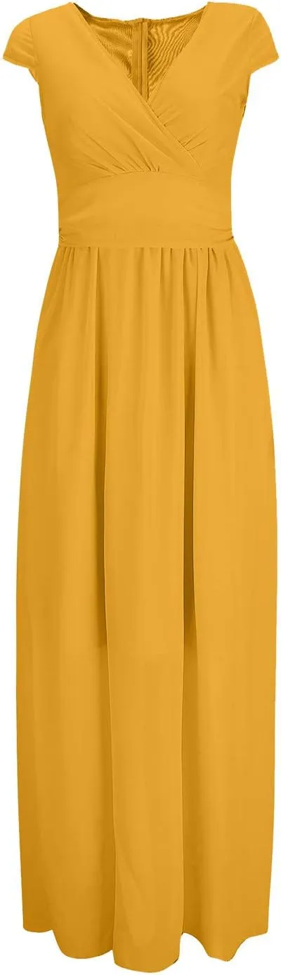 Wedding Guest Dresses for Women Chiffon Cap Sleeve V Neck Maxi Length Evening Ball Gowns Flowy Bridesmaid Dresses
