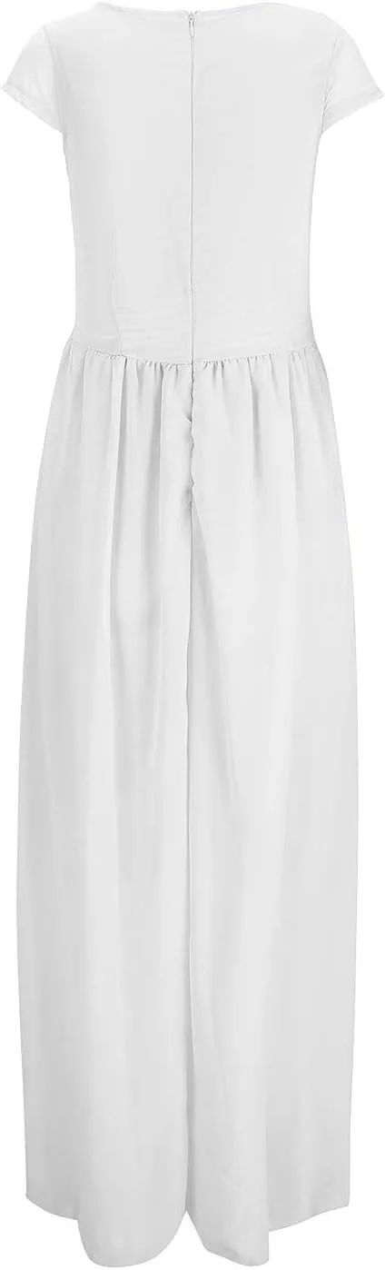 Wedding Guest Dresses for Women Chiffon Cap Sleeve V Neck Maxi Length Evening Ball Gowns Flowy Bridesmaid Dresses