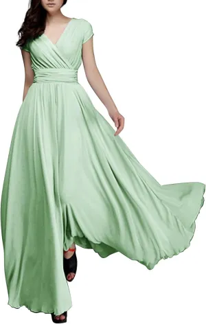 Wedding Guest Dresses for Women Chiffon Cap Sleeve V Neck Maxi Length Evening Ball Gowns Flowy Bridesmaid Dresses