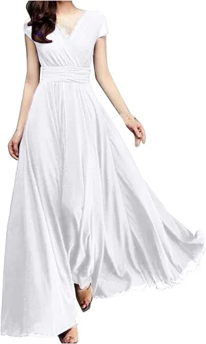 Wedding Guest Dresses for Women Chiffon Cap Sleeve V Neck Maxi Length Evening Ball Gowns Flowy Bridesmaid Dresses