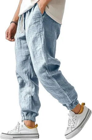 WENKOMG1 Cotton Linen Pants for Men Ankle Length Elastic Waist Drawstring Casual Beach Pants Lightweight Lounge Wears