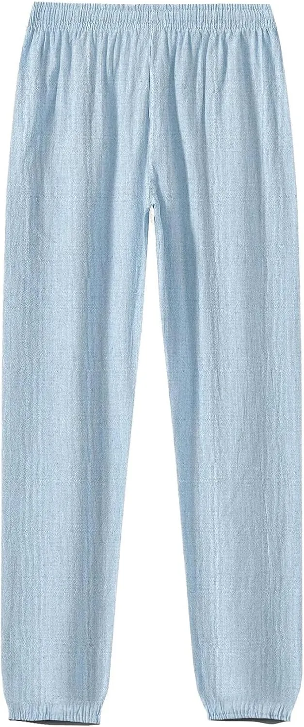WENKOMG1 Cotton Linen Pants for Men Ankle Length Elastic Waist Drawstring Casual Beach Pants Lightweight Lounge Wears