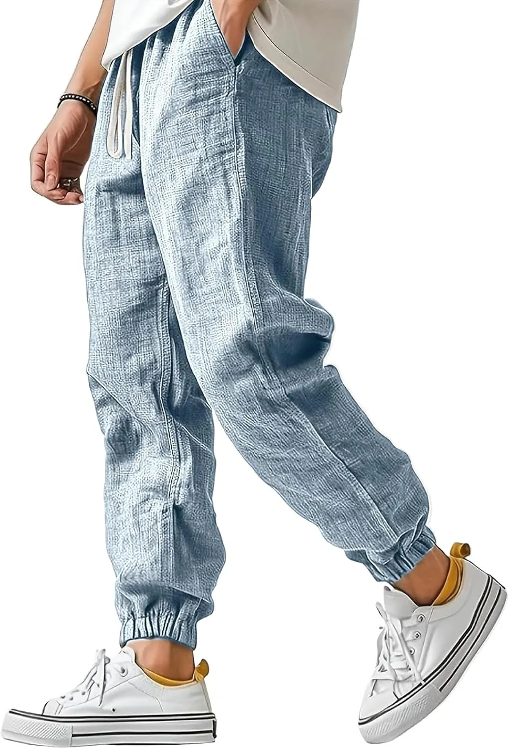 WENKOMG1 Cotton Linen Pants for Men Ankle Length Elastic Waist Drawstring Casual Beach Pants Lightweight Lounge Wears