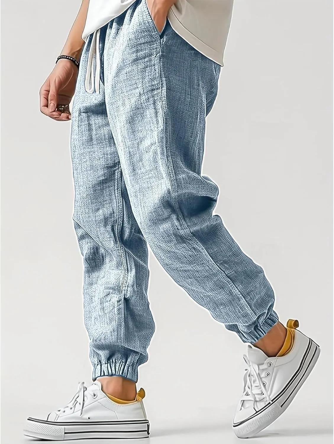 WENKOMG1 Cotton Linen Pants for Men Ankle Length Elastic Waist Drawstring Casual Beach Pants Lightweight Lounge Wears