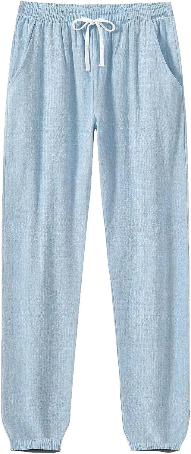 WENKOMG1 Cotton Linen Pants for Men Ankle Length Elastic Waist Drawstring Casual Beach Pants Lightweight Lounge Wears