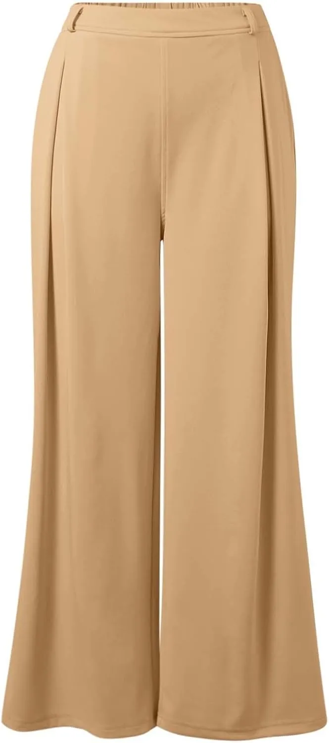 Wide Leg Pants for Women Plus Size Elastic High Waisted Pants Casual Palazzo Straight Leg Trousers with Pockets