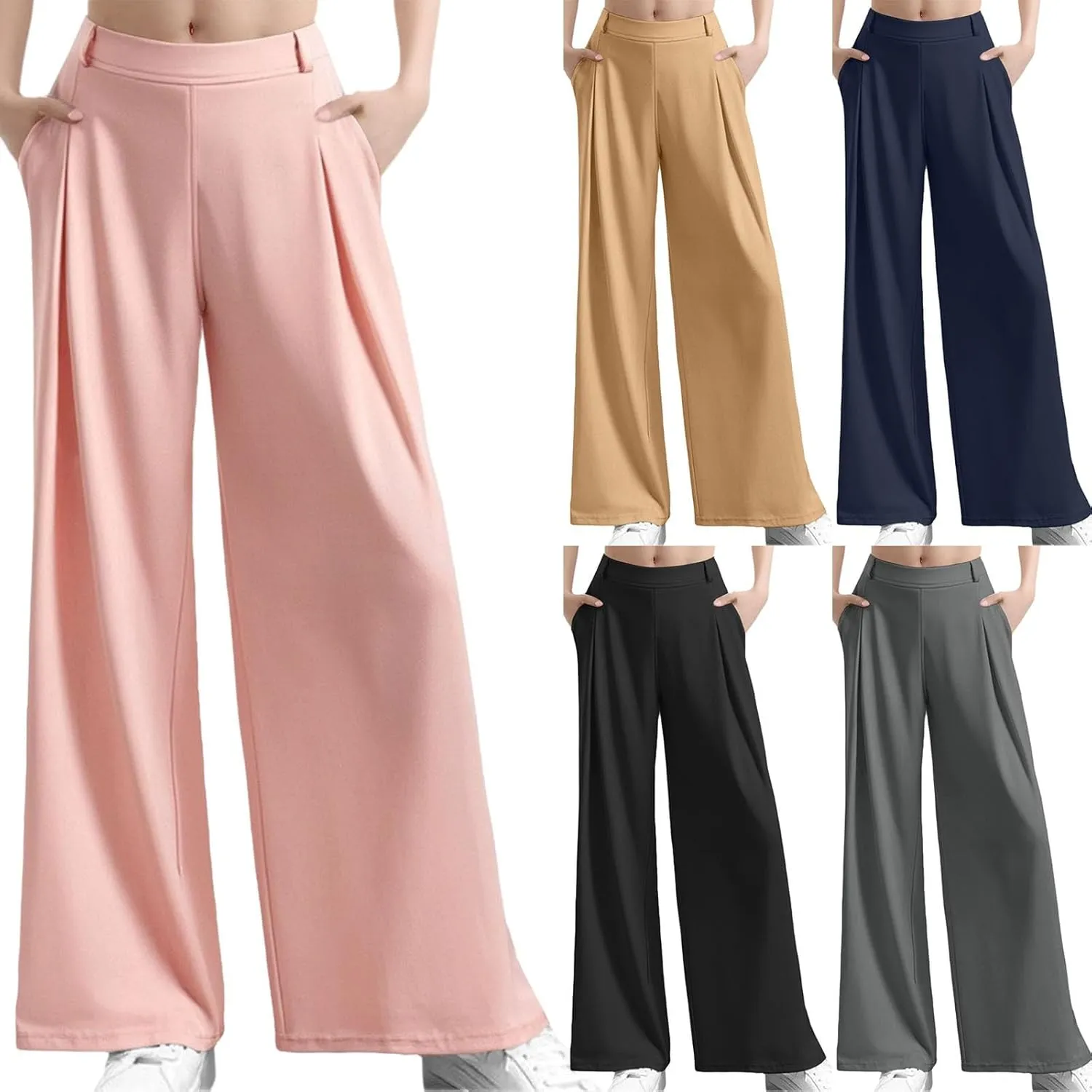 Wide Leg Pants for Women Plus Size Elastic High Waisted Pants Casual Palazzo Straight Leg Trousers with Pockets