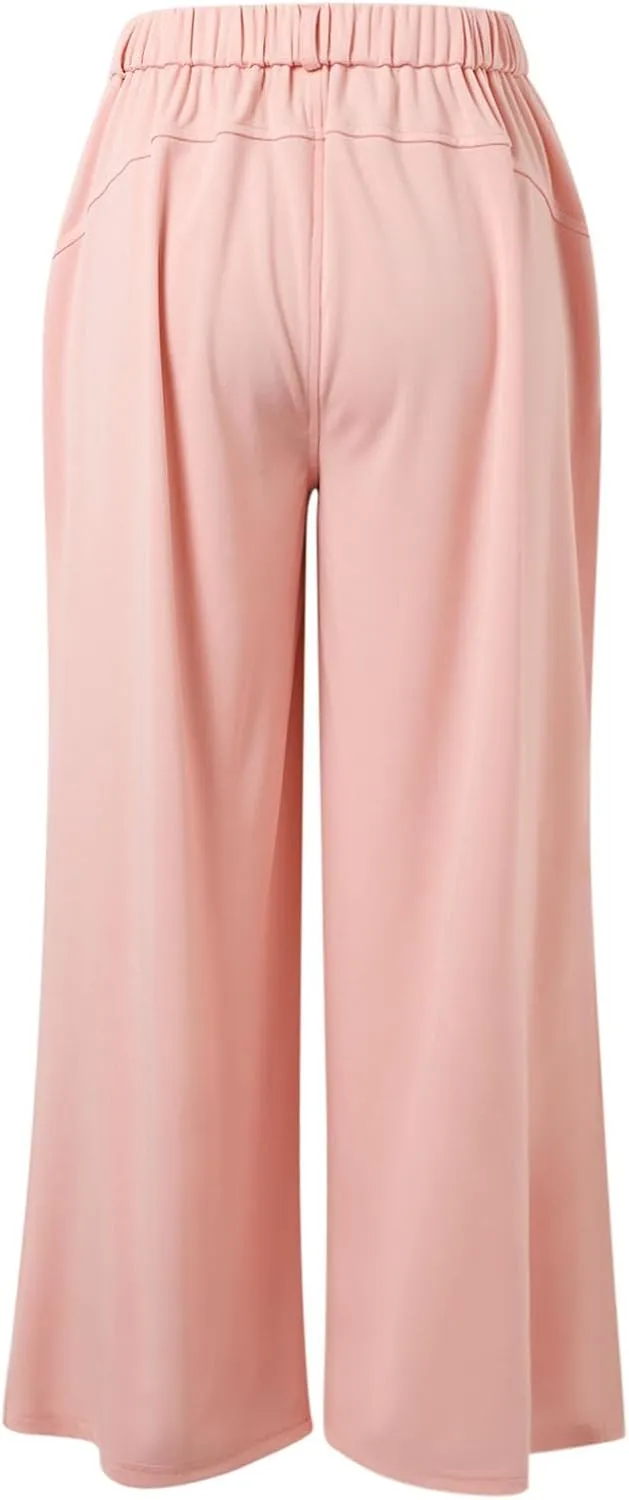 Wide Leg Pants for Women Plus Size Elastic High Waisted Pants Casual Palazzo Straight Leg Trousers with Pockets
