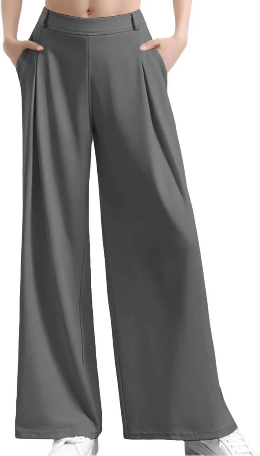 Wide Leg Pants for Women Plus Size Elastic High Waisted Pants Casual Palazzo Straight Leg Trousers with Pockets