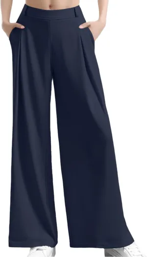 Wide Leg Pants for Women Plus Size Elastic High Waisted Pants Casual Palazzo Straight Leg Trousers with Pockets