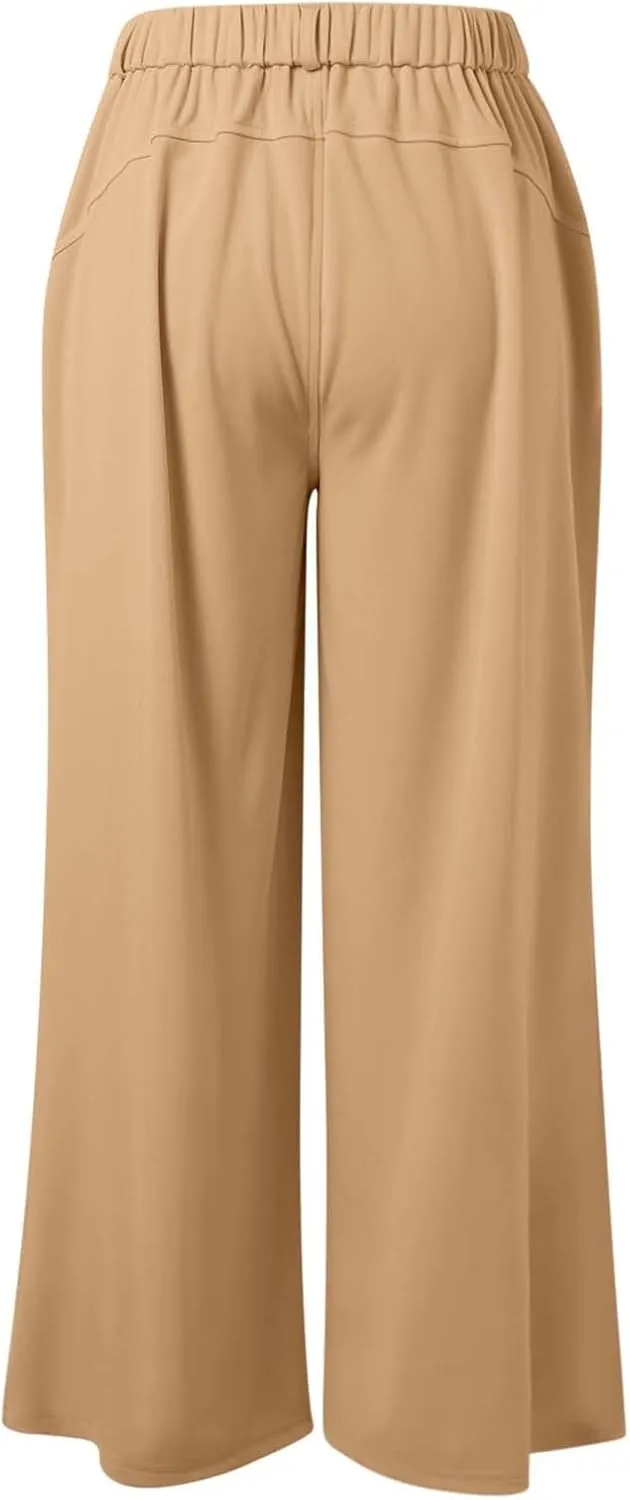 Wide Leg Pants for Women Plus Size Elastic High Waisted Pants Casual Palazzo Straight Leg Trousers with Pockets