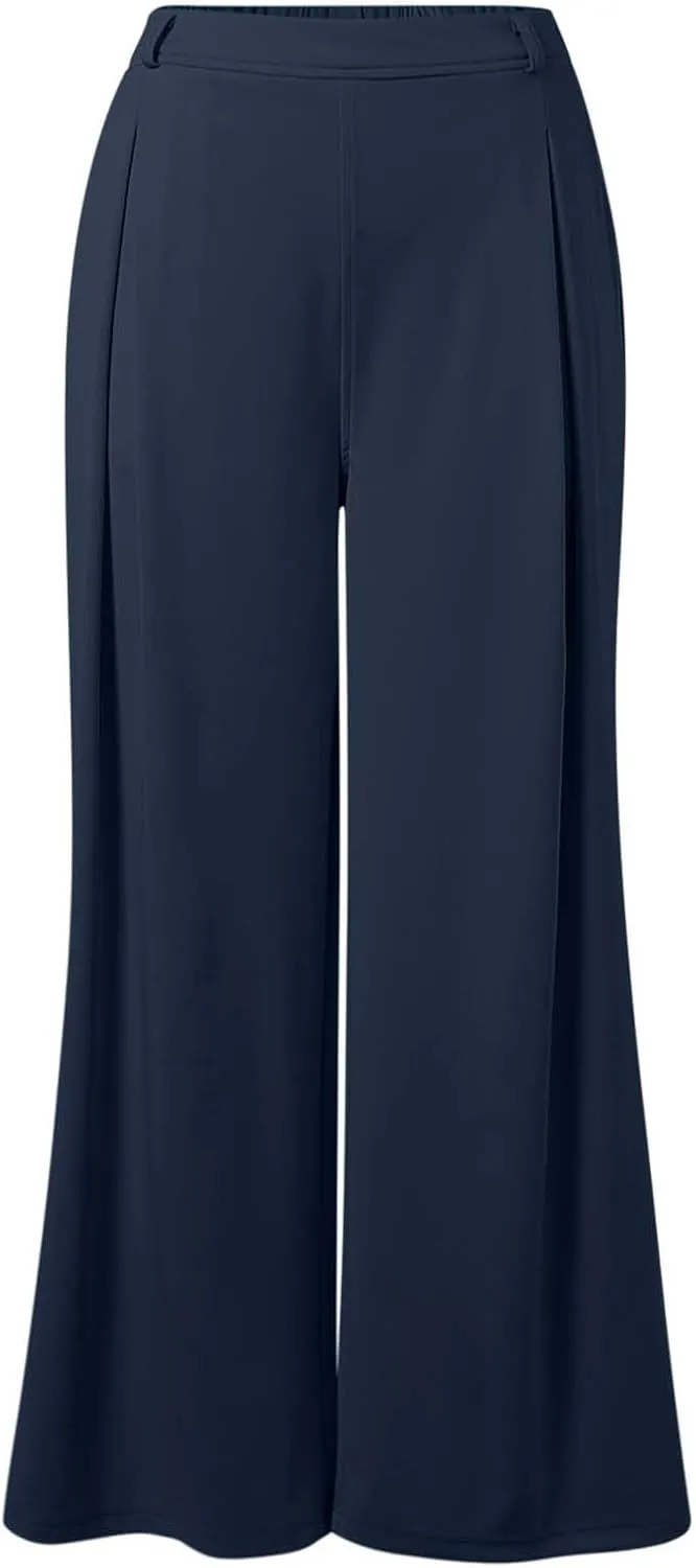 Wide Leg Pants for Women Plus Size Elastic High Waisted Pants Casual Palazzo Straight Leg Trousers with Pockets