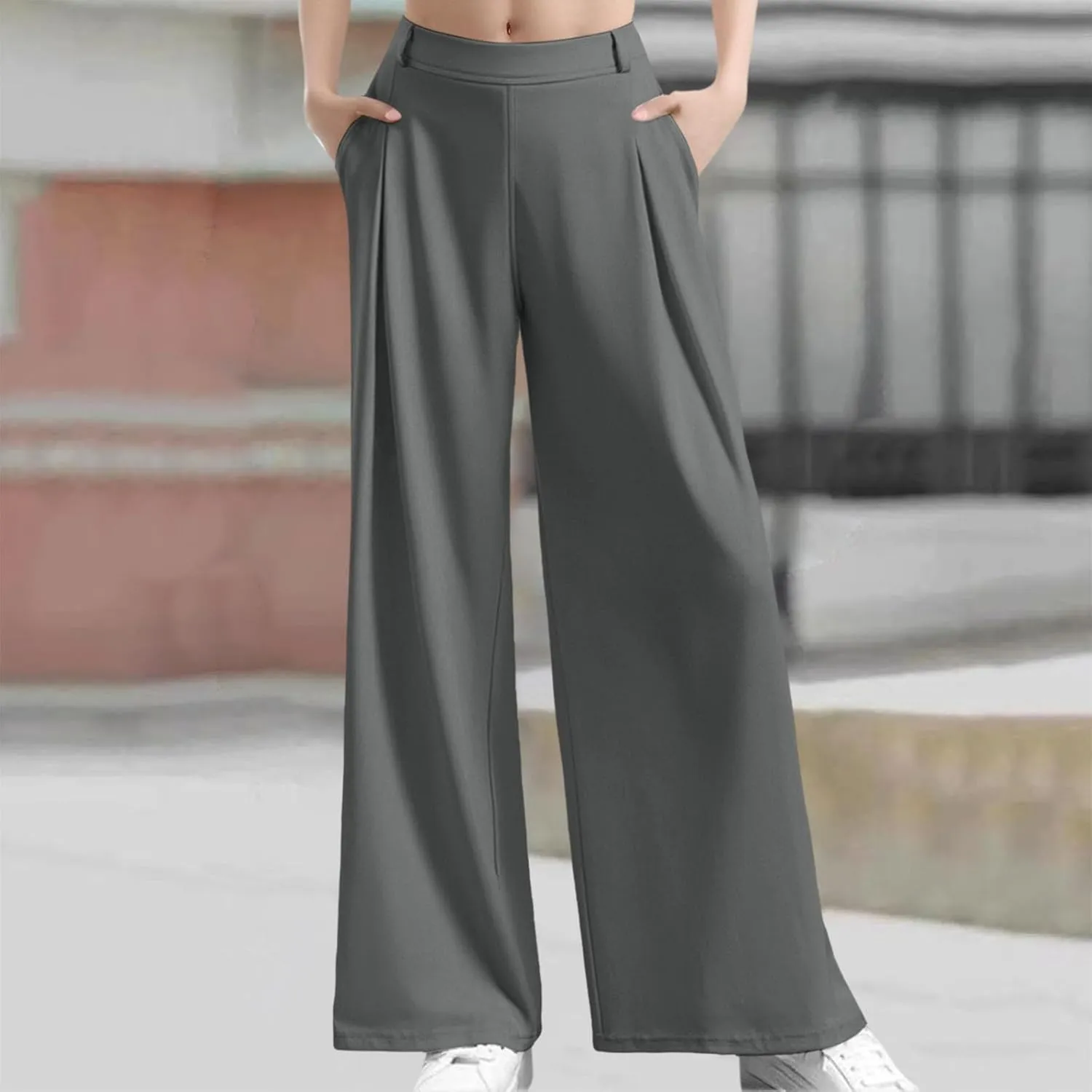 Wide Leg Pants for Women Plus Size Elastic High Waisted Pants Casual Palazzo Straight Leg Trousers with Pockets