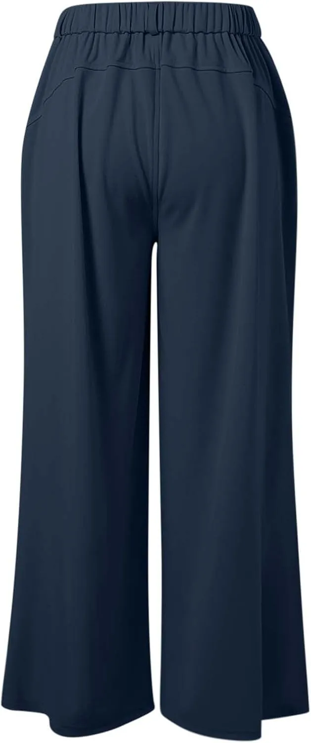 Wide Leg Pants for Women Plus Size Elastic High Waisted Pants Casual Palazzo Straight Leg Trousers with Pockets