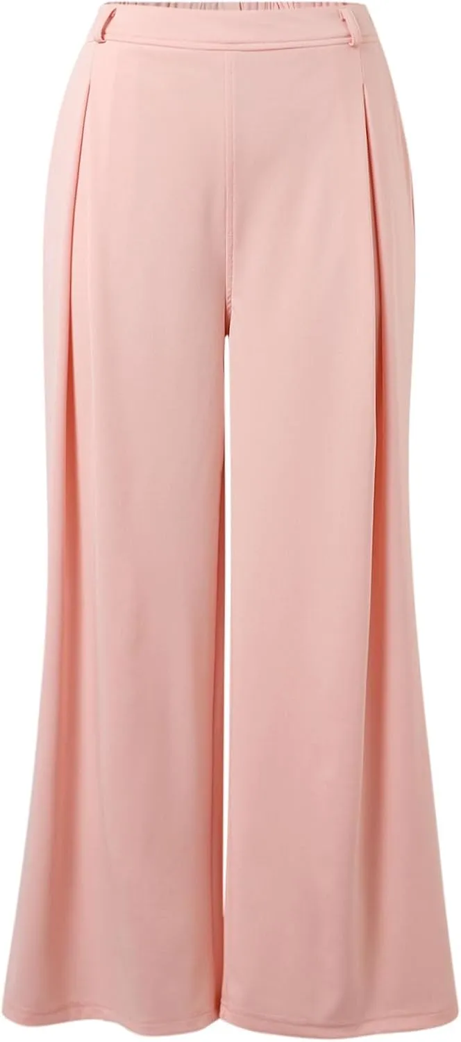 Wide Leg Pants for Women Plus Size Elastic High Waisted Pants Casual Palazzo Straight Leg Trousers with Pockets