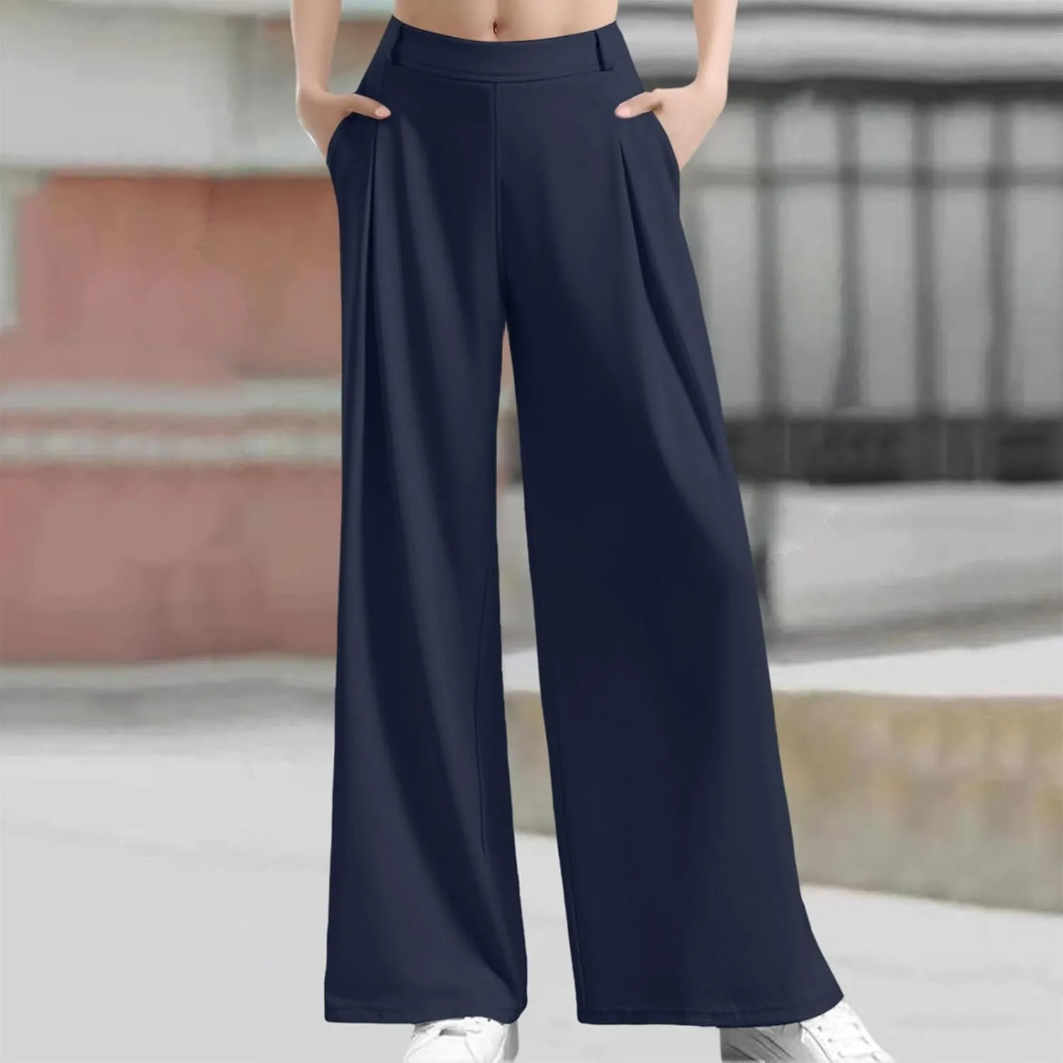 Wide Leg Pants for Women Plus Size Elastic High Waisted Pants Casual Palazzo Straight Leg Trousers with Pockets
