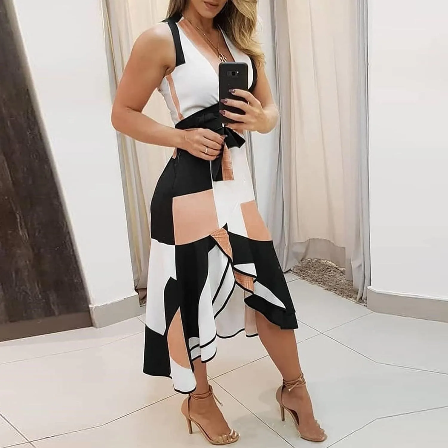 Womans Dress A-line Summer Floral Casual Wrap V Neck Ruffle Women Sleeveless Midi Sun Dress Pleated Hem Swing